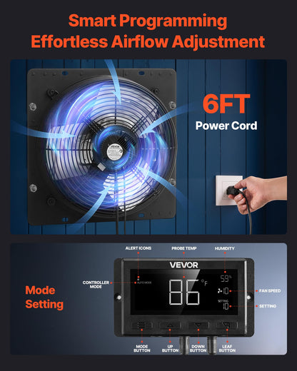 VEVOR 10 inch Exhaust Fan, Wall Mounted Attic Fan with Variable Speed, Temperature & Humidity Controller, 1000 CFM, Automatic Shutter