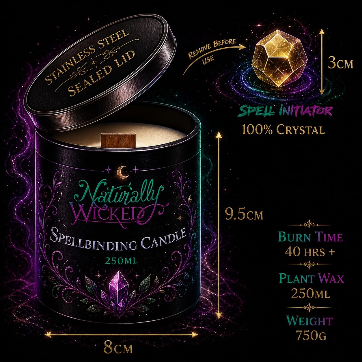 Naturally Wicked Spellbinding Luck Candle with Crystal, Wood Wick & Gift Box
