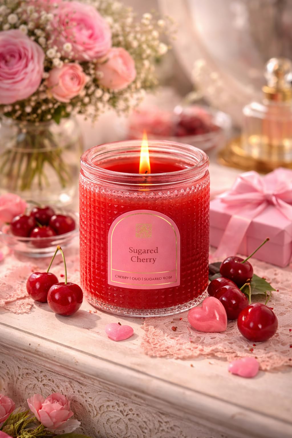 Aromatique, Sugared Cherry, Textured, Elegant Candle with Metal Lid, Home Fragrance for Relaxing Atmosphere, 6 oz, Mother's Day Gifts, Bridal Showers, Anniversaries, Holiday Gifts.