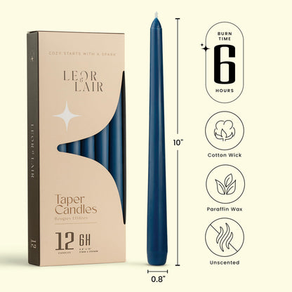 Leor & Lair Blue Taper Candles - 12 Pack 10" Blue Candlesticks - Unscented Long Burning Candle Sticks for Winter, July 4th Decoration, Dinner, Hanukkah, Weddings, Restaurants & Events