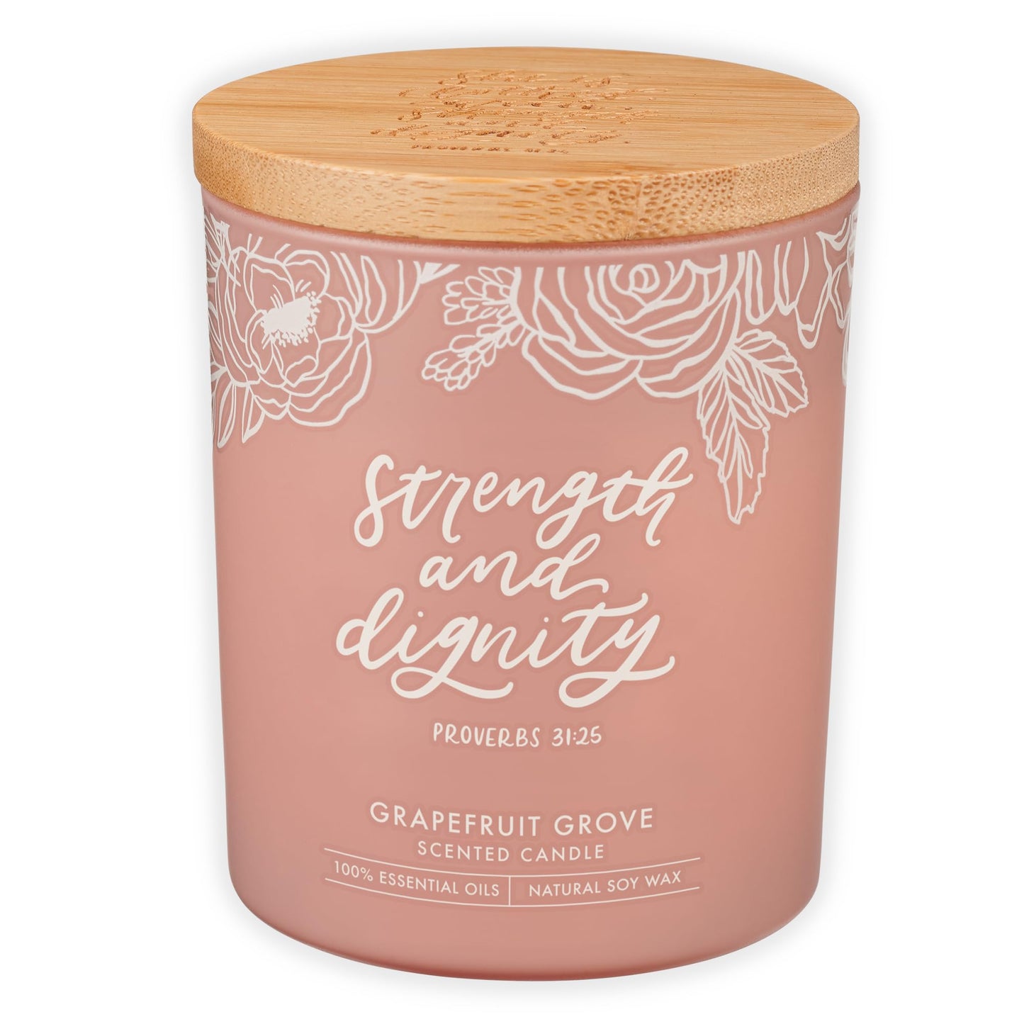 Christian Art Gifts Soy Wax Scented Candle: Strength & Dignity Bible Verse, Grapefruit Grove Scent, Pure Essential Oils, 4.5 oz, Up to 20 Hours Burn Time, Glass Jar w/Bamboo Lid, Encouragement Gift