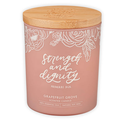 Christian Art Gifts Soy Wax Scented Candle: Strength & Dignity Bible Verse, Grapefruit Grove Scent, Pure Essential Oils, 4.5 oz, Up to 20 Hours Burn Time, Glass Jar w/Bamboo Lid, Encouragement Gift