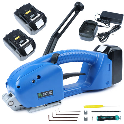 U.S. Solid Electric Strapping Machine, Handheld Semi-Automatic Banding Tool for 1/2"-5/8" PP&PET Straps, Adjustable Tension, 2x 3000mAh Rechargeable Batteries, Cordless Pallet Baler for Medium Package