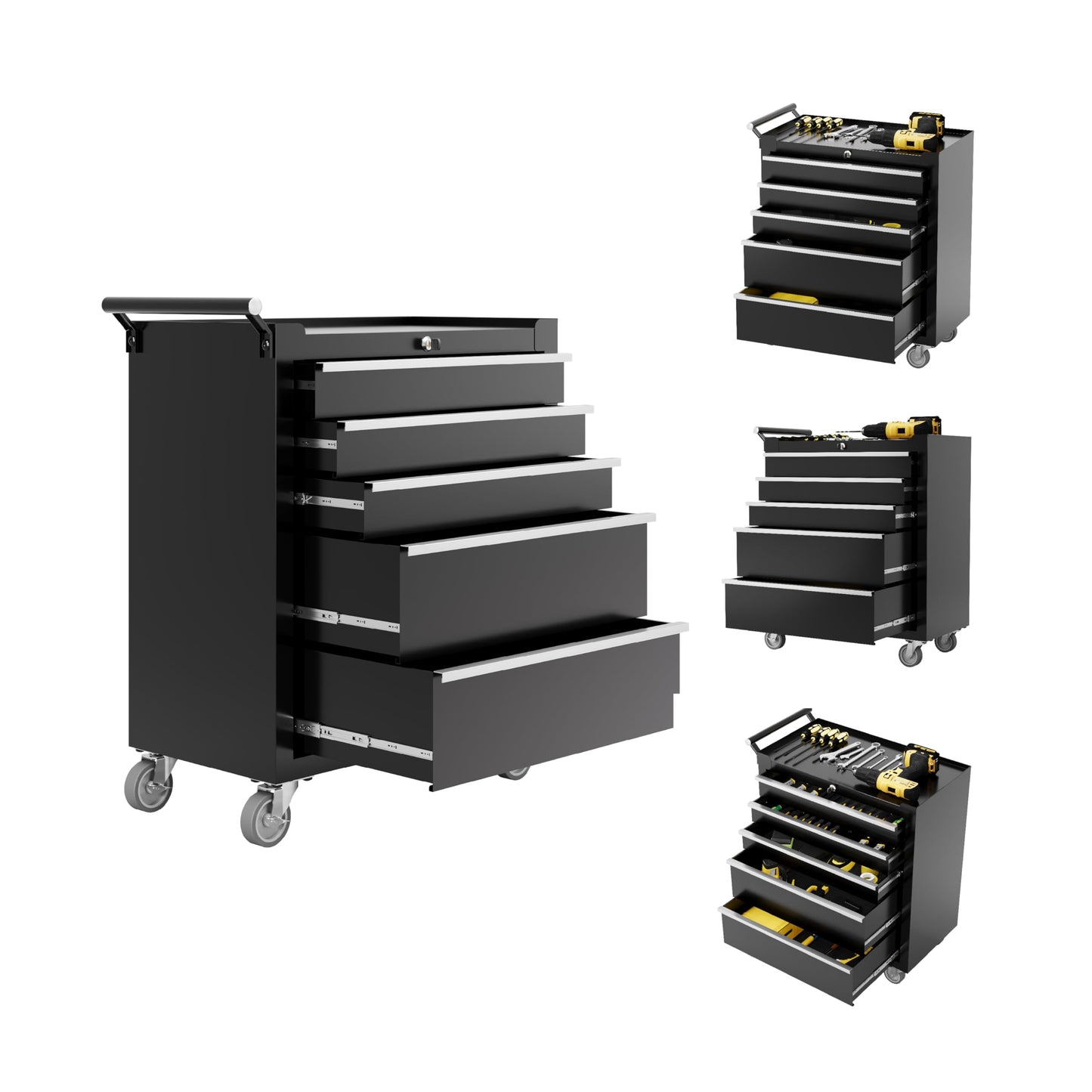 IDEALHOUSE Rolling Tool Chest, 5 Drawers Tool Storage Cabinet, Toolbox with Wheels, Portable Tool Cabinet Organizer with Locking System & Drawer Liners, Tool Storage Cart for Garage, Workshop, Black