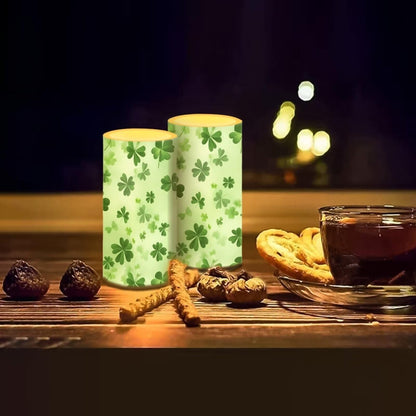Luarisgur Green Leaves Candles Battery Operated Flameless Candles with Remote Fall Decorations LED Fake Candles for Home Bedroom St Patricks Day Table Decor 3 inch Set of 2