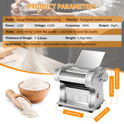 WICHEMI Electric Pasta Maker Machine Pasta Dough Spaghetti Roller Noodle Pressing Machine Stainless Steel 135W for Home Family Use (1.5mm flat noodle+4mm flat noodle)
