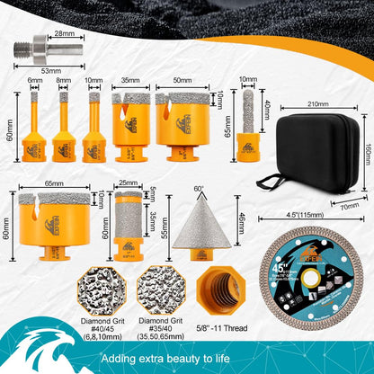 EXFEIN Diamond Tile Hole Saw Kit 12pcs - 6/8/10/25/35/50/65mm Core Drill Bits,10mm Milling Bit and 2" Chamfer Bit with Hex Adapter and 4.5" 2pcs Diamond Blade and for Tile Porcelain Marble