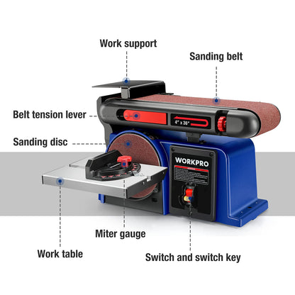 WORKPRO Belt Disc Sander, 4 in. x 36 in. Belt & 6 in. Disc Sander with 6pcs Sandpapers, Cast Iron Base for Sanding Woodworking, DIY Decoration