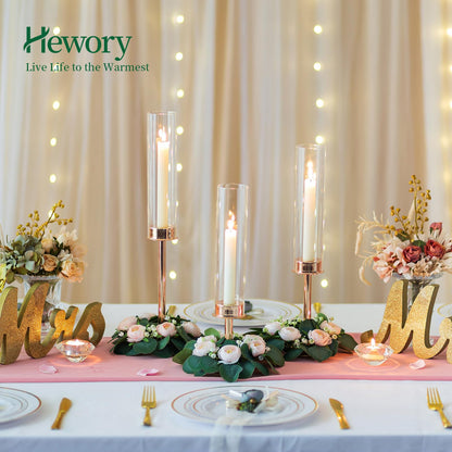 Hewory Gold Candle Holders Hurricane Candlestick Holders, 6Pcs Candle Stick Candle Holder Candelabra, Taper Candle Holders with Glass Candle Cover for Wedding Table Centerpiece Christmas Decor