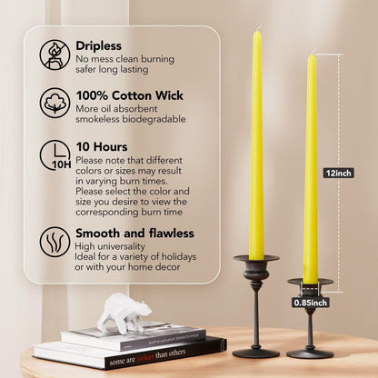 Pickood 12-Inch Tall Dripless Taper Candles Set of 4 - Yellow Tapered Candles, Perfect for Spring - Smokeless, Unscented, Long Burning - Hand Poured, Colored Tall Candlesticks - Light Yellow
