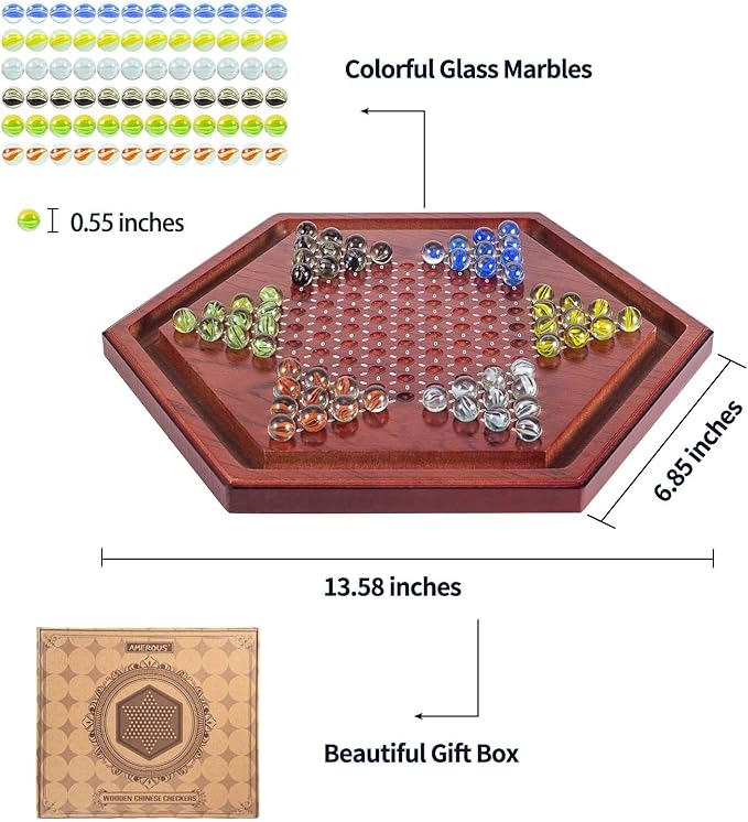 AMEROUS 13.6 inches Wooden Chinese Checkers Board Game Set with 60 Colorful Glass Marbles Classic Strategy Game for Kids Adults Whole Family Play (Up to Six Players)