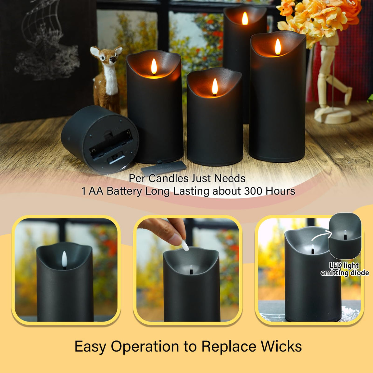 Nimiko Flameless Candles with Remote, Battery Operated Flickering Flameless Candles, LED Candles with Timer 2/4/6/8H, with Realistic LED Candles Set of 24 (D3 x H 3" 4" 5") (Black)