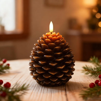 Guluto Flameless Pinecone Candles, Battery Operated Real Wax Candles, Led Flickering 3D Wick Candle with Remote and Timer for Christmas, Winter Holiday Decoration, 3.7'' x 5'' Brown