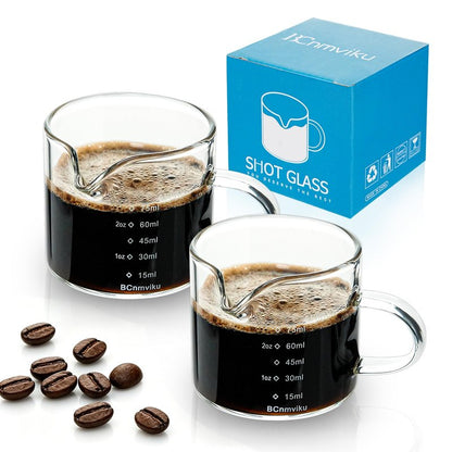 BCnmviku 2 PACK Espresso Glass Measuring Cup Triple Pitcher Milk Cup 75ML Espresso Cups with Handle Shot Glass with V-Shaped Mouth Clear Accessories Milk Frothing Pitcher (2)
