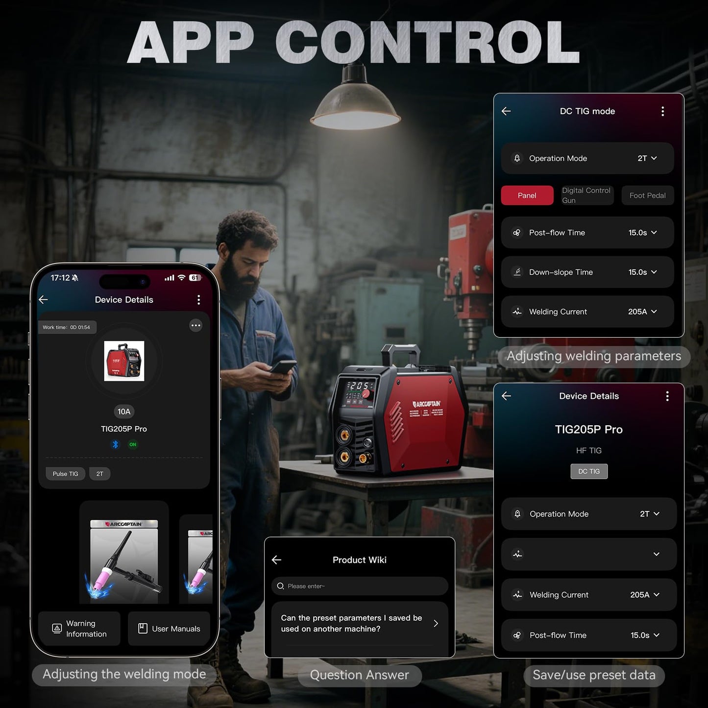 ARCCAPTAIN iControl TIG 205P Pro Welder With APP Control, 5 In 1 DC/Pulse/Lift/Spot TIG & Stick, Dual Voltage 120V/240V TIG Welding Machine With Large LED Display, 2T/4T, Smart Fan, Safety Protection