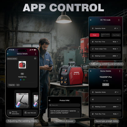 ARCCAPTAIN iControl TIG 205P Pro Welder With APP Control, 5 In 1 DC/Pulse/Lift/Spot TIG & Stick, Dual Voltage 120V/240V TIG Welding Machine With Large LED Display, 2T/4T, Smart Fan, Safety Protection