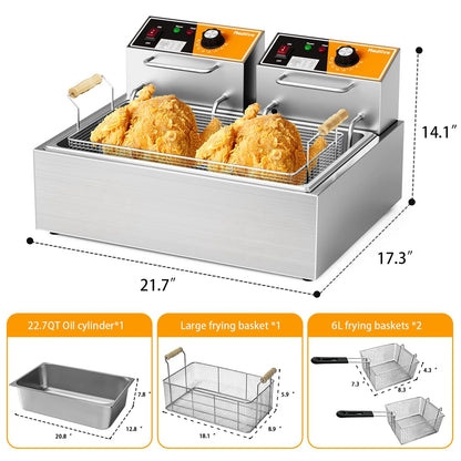 Electric Deep Fryer 3400W Hot 22.6QT/24L Commercial Deep Fryers with 3 Baskets Countertop Oil Fryer for Restaurant Use and Home Kitchen with One - Touch Switch & Temperature Contro
