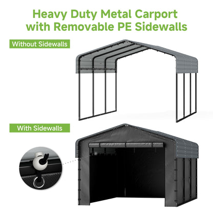 10x15FT Heavy Duty Metal Carport,Outdoor Garage with Removable Sidewalls & Doors, Heavy Duty Steel Frame and Galvanized Roof for Cars and Boats, Gray