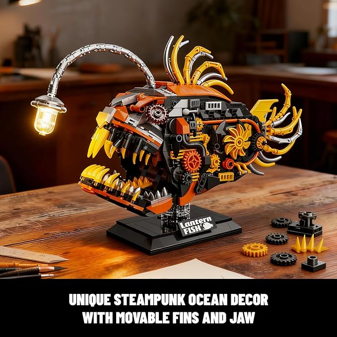 Mechanical Angler Fish Building Set with Light Creative Ocean Lantern Fish Animal Toy for Home Office Decor Compatible with Lego Shark STEM Gift for Adults Teens Boys 8-14+ (1022 PCS)