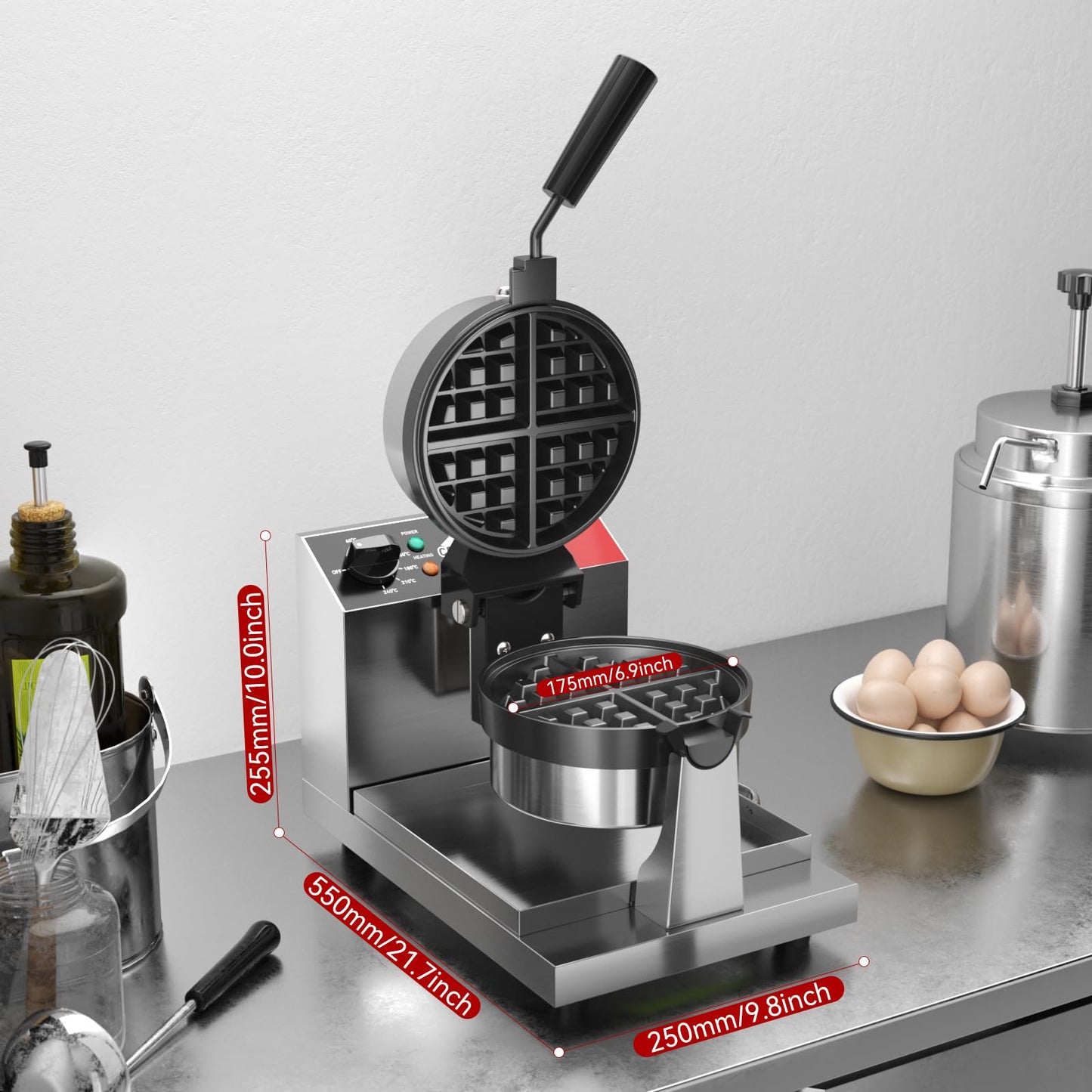 CROSSON Commercial Waffle Maker,Professional Round Belgian Waffle Maker Rotating 180° Non-Stick Plate Machine with Temp and Time Control for Restaurant Bakeries Kitchen 120V/1300W