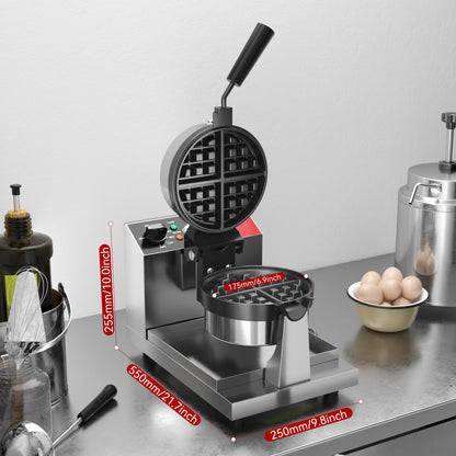 CROSSON Commercial Waffle Maker,Professional Round Belgian Waffle Maker Rotating 180° Non-Stick Plate Machine with Temp and Time Control for Restaurant Bakeries Kitchen 120V/1300W