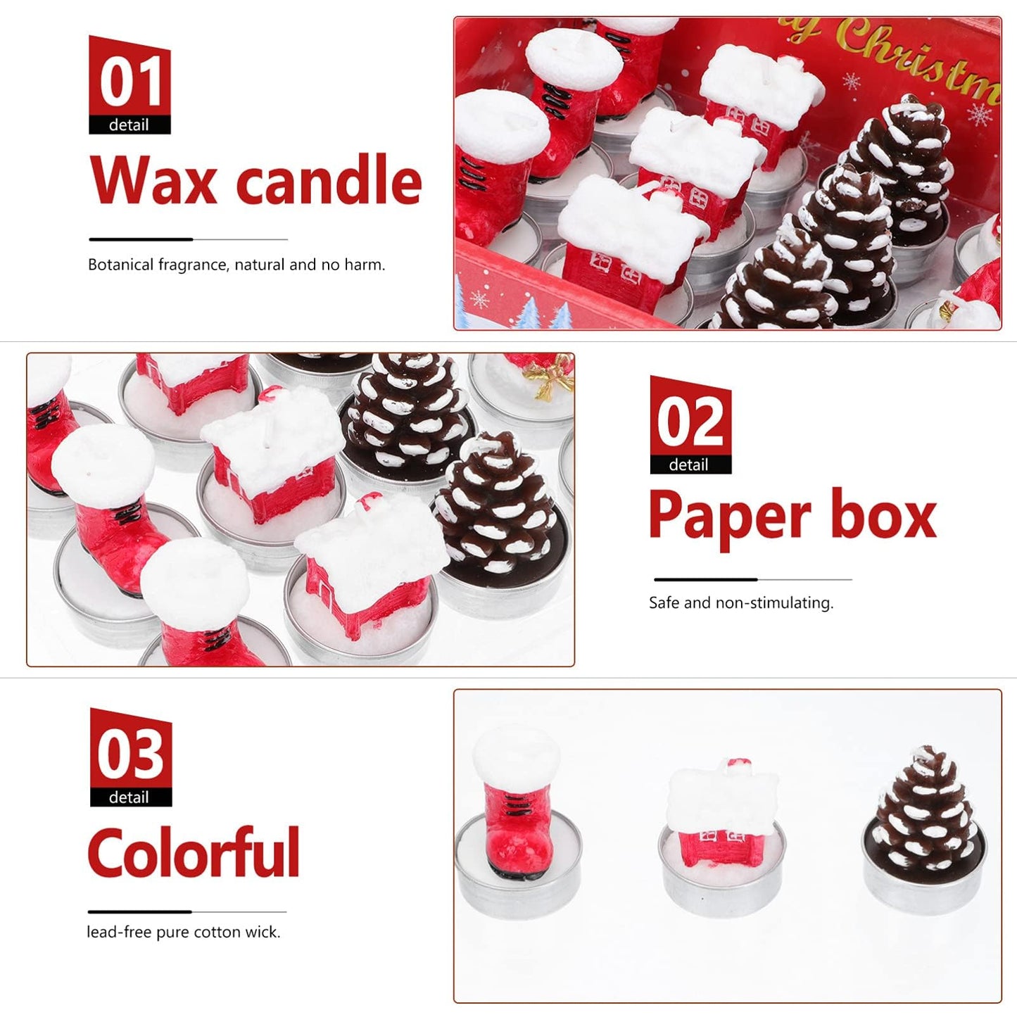 12 Pieces Tealight Candles Handmade Delicate Santa Hat Claus Christmas Tree Candle Wax Snowman Elk Pinecone House Candles for Party Wedding Spa HomeChristmas Decoration