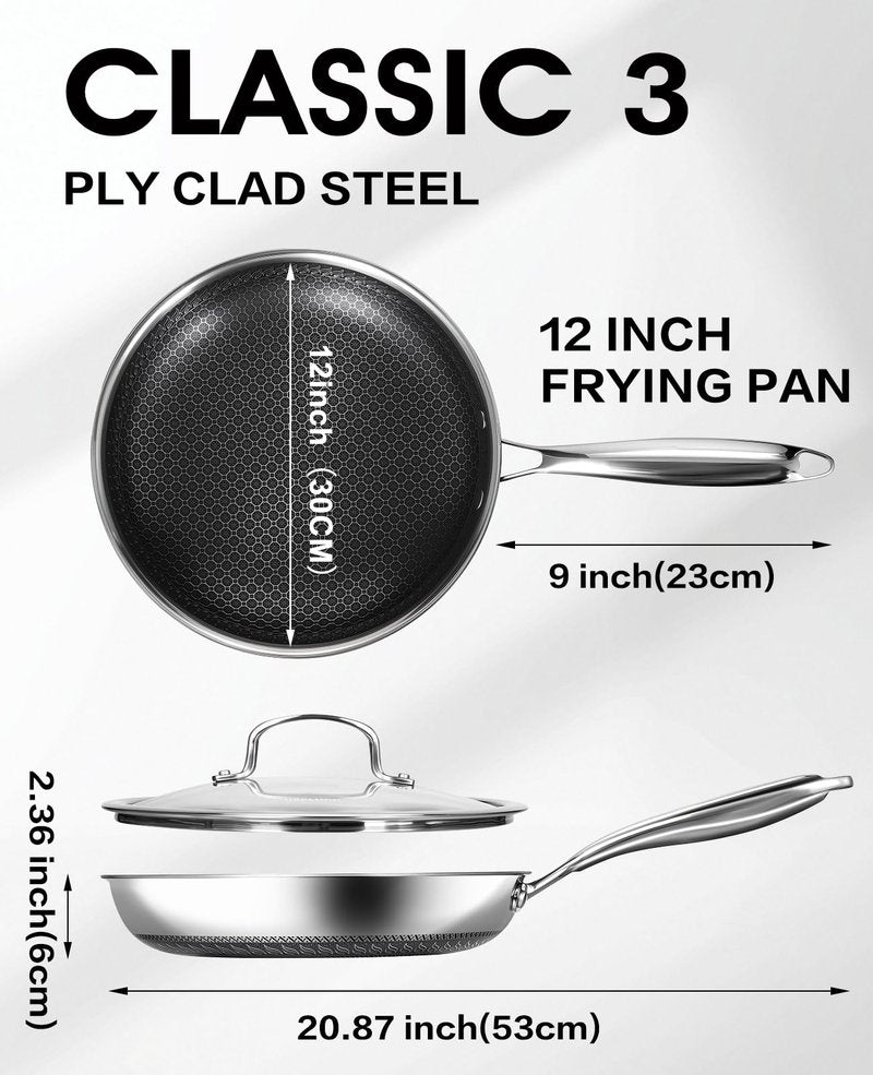 USELUCK Nonstick Frying Pans with Lid, 12-Inch Non Stick Skillet with Honeycomb Surface,Dishwasher-Friendly,Oven-Safe,Induction Compatible,PFAS-Free,Non-Toxic,Compatible with All Cooktops.