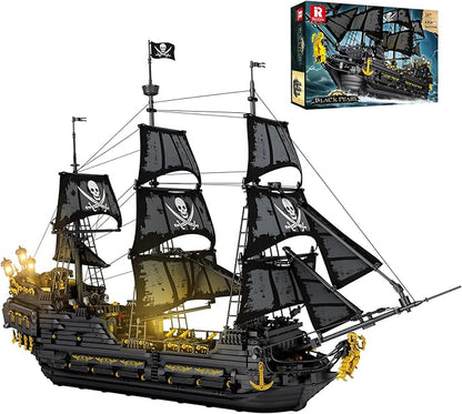 Reobrix Pirate Ship Building Set with LED Lights Collectible Large Black Pearl Model Kit Black Ship Building Toys for Adults 66036 Ship Sailboat for Home Decor Gift for Pirate Ship Fans 14+