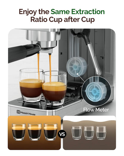 Maestri House Espresso Machine, 20 Bar ULKA Pump, Compact Espresso Maker Built-in Flow Meter Steam Milk Frother, Stainless Steel Coffee Machine for Cappuccino, Latte (Silver)