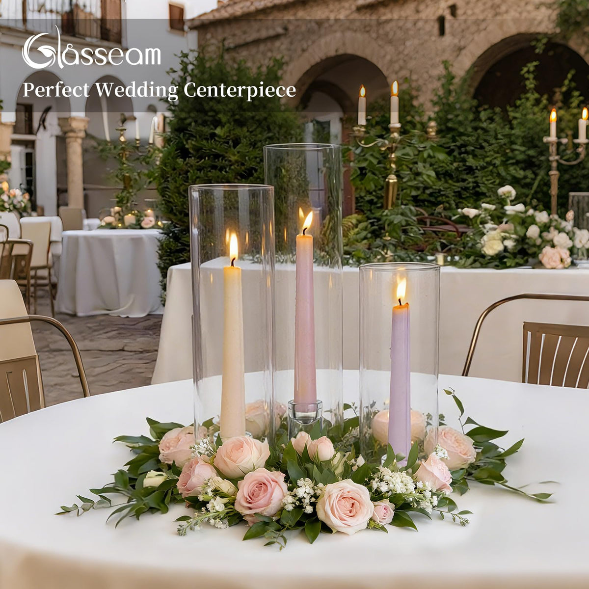Glasseam Hurricane Taper Candle Holders: Set of 3 Glass Candlestick Holders with Clear Tall Cylinder Candle Sleeves for Centerpiece Table Outdoor Wedding Home Decor 9.84''/11.84''/13.78''