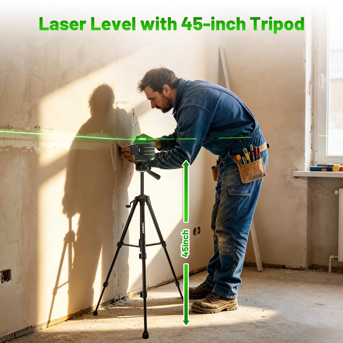 Huepar 360 Laser Level with Tripod, 60-Inch Drop Protection Self-Leveling Green Lazer Leveler Tool for Picture Hanging, Pulse Mode Adjustable Brightness, Hard Case, Green Glasses & Target Plate