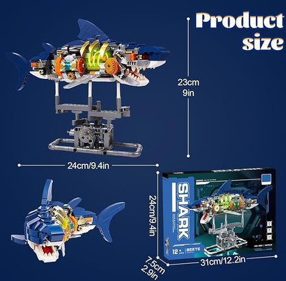 Mechanical Shark Fish Building Block Set687 PCS Movable Ocean Animals Decor Collection Toy Compatible with Lego Sets for Boys 8-14STEM Birthday Gift for Adults Women Girls Boys Age 8-12(with LED)