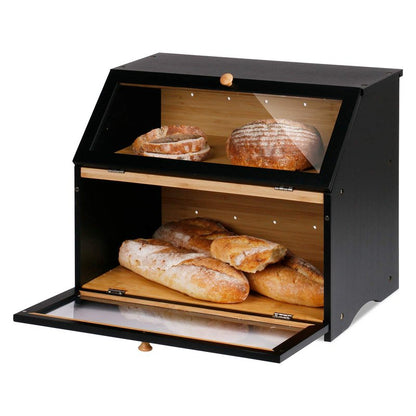 HOMEKOKO Double Layer Large Bread Box for Kitchen Counter, Wooden Large Capacity Bread Storage Bin (Rustic White)