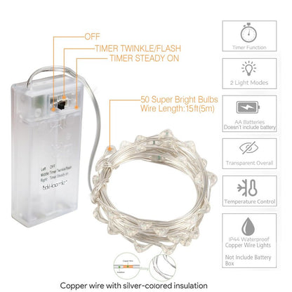 Oakhaomie 2PCS LED Fairy Lights 16ft 50 LED Twinkle String Lights with Timer 2 Modes Waterproof Starry String Lights Indoor DIY Party Wedding Christmas Valentine's Day Decoration (Cool White)