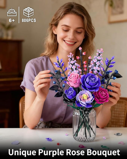 Flowers Bouquet Building Set - Purple Roses Botanical Collection Building Blocks for Adult Women Artificial Flowers Gothic Home Decor Mother's Day Birthday Gift for Adults Kids Girls 6-12 (806PCS)