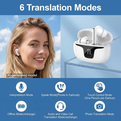 Oziral Real-Time Translation Earbuds: AI Translator with 150+ Languages, Offline Mode & Bluetooth 5.3, Supports Speaker Mode, Touch Control, AI Chat & Hi-Fi Music for Travel & Business Use