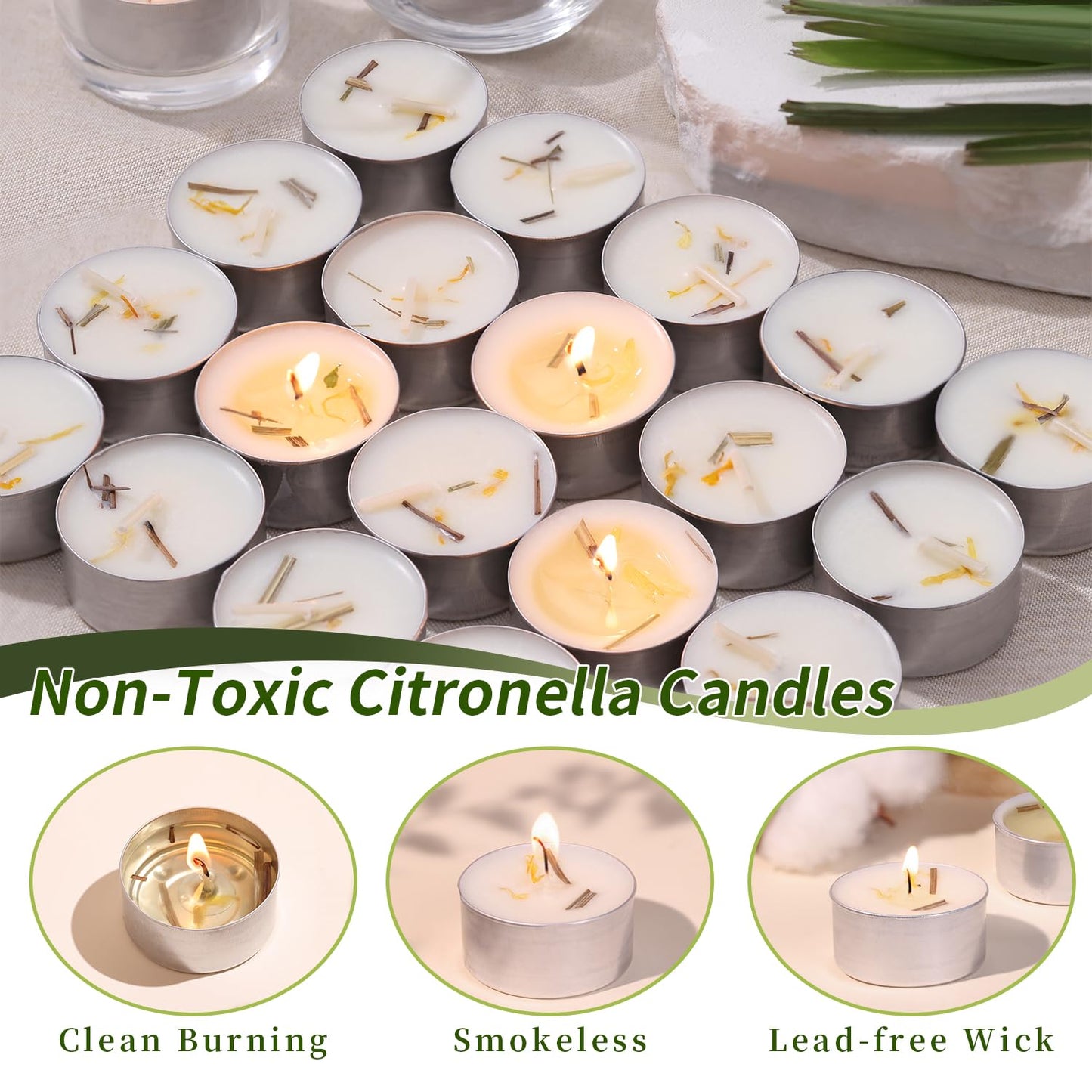 8 Pcs 6H Citronella Tealight Candles Indoor Outdoor, Decorative Scented Tealight Candles with 100% Palm Wax Base & Dried Lemongrass, Smokelss for Patio, Home, Outside Use