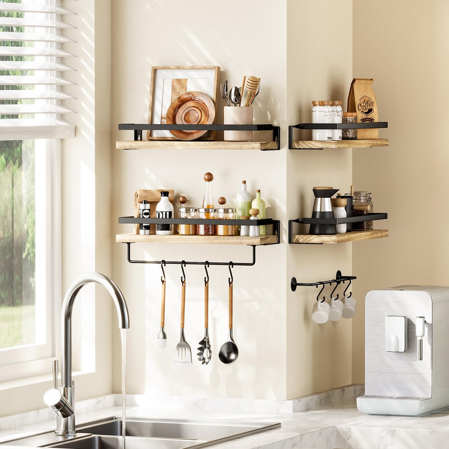 AMADA HOMEFURNISHING Bathroom Shelves with Towel Bar, Floating Shelves, Wall Shelves for Bathroom/Living Room/Kitchen/Bedroom, Light Brown Shelves Set of 2 - AMFS01