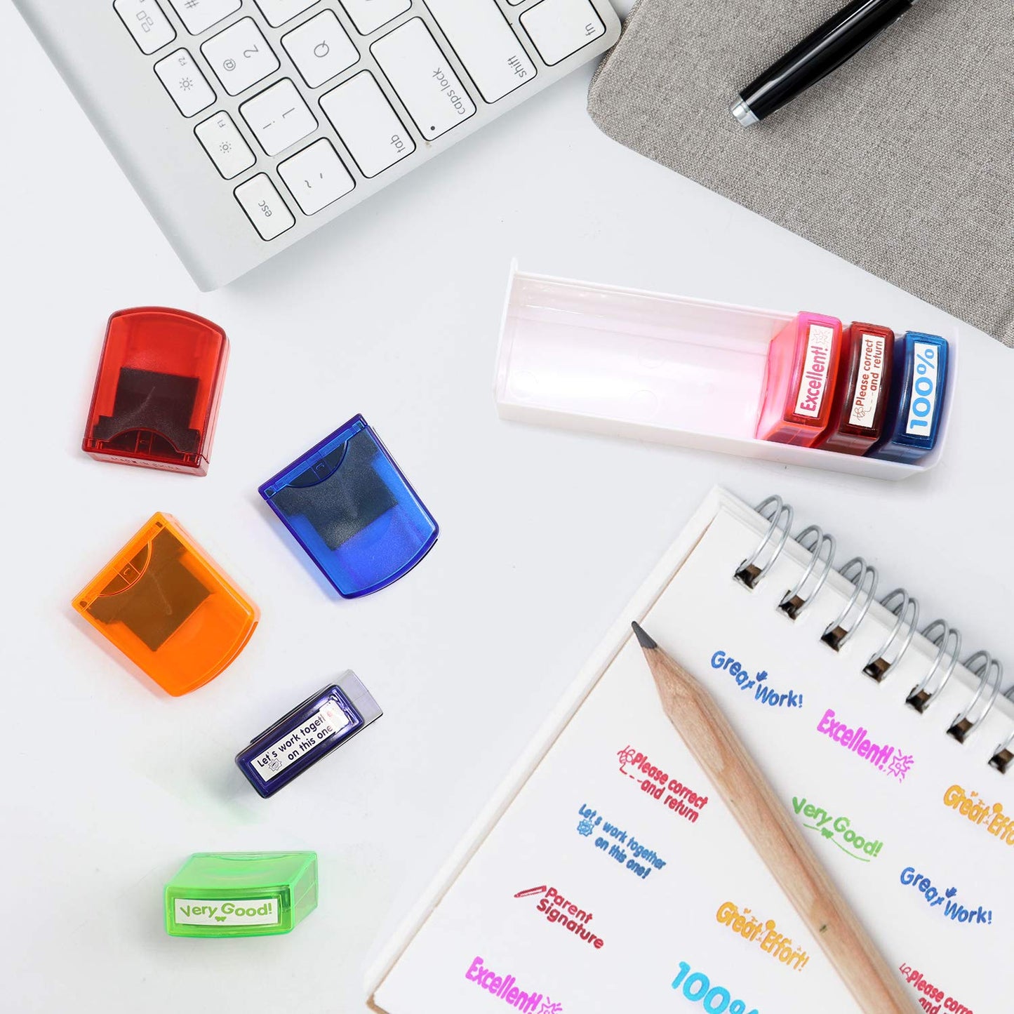 RELIANCER 8PCS Teacher Stamp Set,Colorful Self-Inking Motivational Classroom Stamper for Grading,Encouraging Rating Stamp Student,Parent Signature Stamps for Homework,School Homeschool Reward Supplies