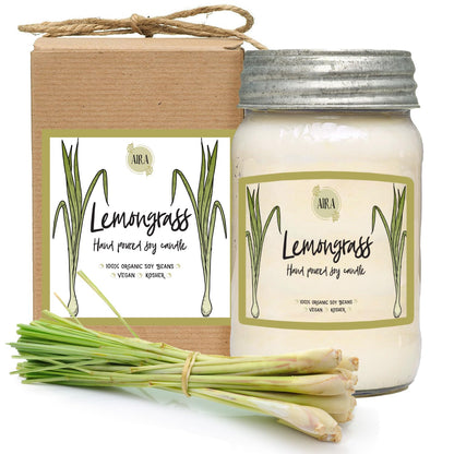 Aira Soy Candles - Organic, Kosher, Vegan, in Mason Jar w/Therapeutic Grade Essential Oil Blends - Hand-Poured 100% Soy Candle Wax - Paraffin Free, Burns 110+ Hours - Lemongrass - 16 Ounces