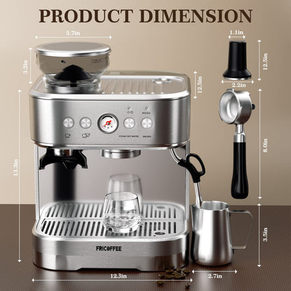 Fricoffee Espresso Machine with Grinder Espresso Maker Stainless Steel with Milk Frother Cappuccino Machine Semi Automatic Espresso Machine