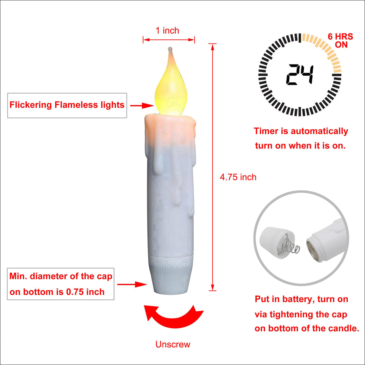 CVHOMEDECO. Flickering Taper Candles LED Drip Flameless Candles, Battery Operated with Timer, White, 4-3/4 Inch, Set of 4
