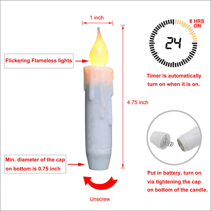 CVHOMEDECO. Flickering Taper Candles LED Drip Flameless Candles, Battery Operated with Timer, White, 4-3/4 Inch, Set of 4