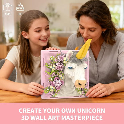 Pink Flowers Unicorn Animal 3D Wall Art Micro Mini Building Blocks Set Unique Home Wall Decor or Table Display No Compatible with Lego Ideal Gift Toy for Adults &amp Boys Girls 14+ (1349 PCS)