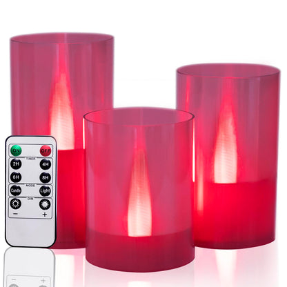 LANKER Flameless Candles with Remote Control and Timer, Battery Operated LED Pillar Candles, Romantic Light, Set of 3 (Red)