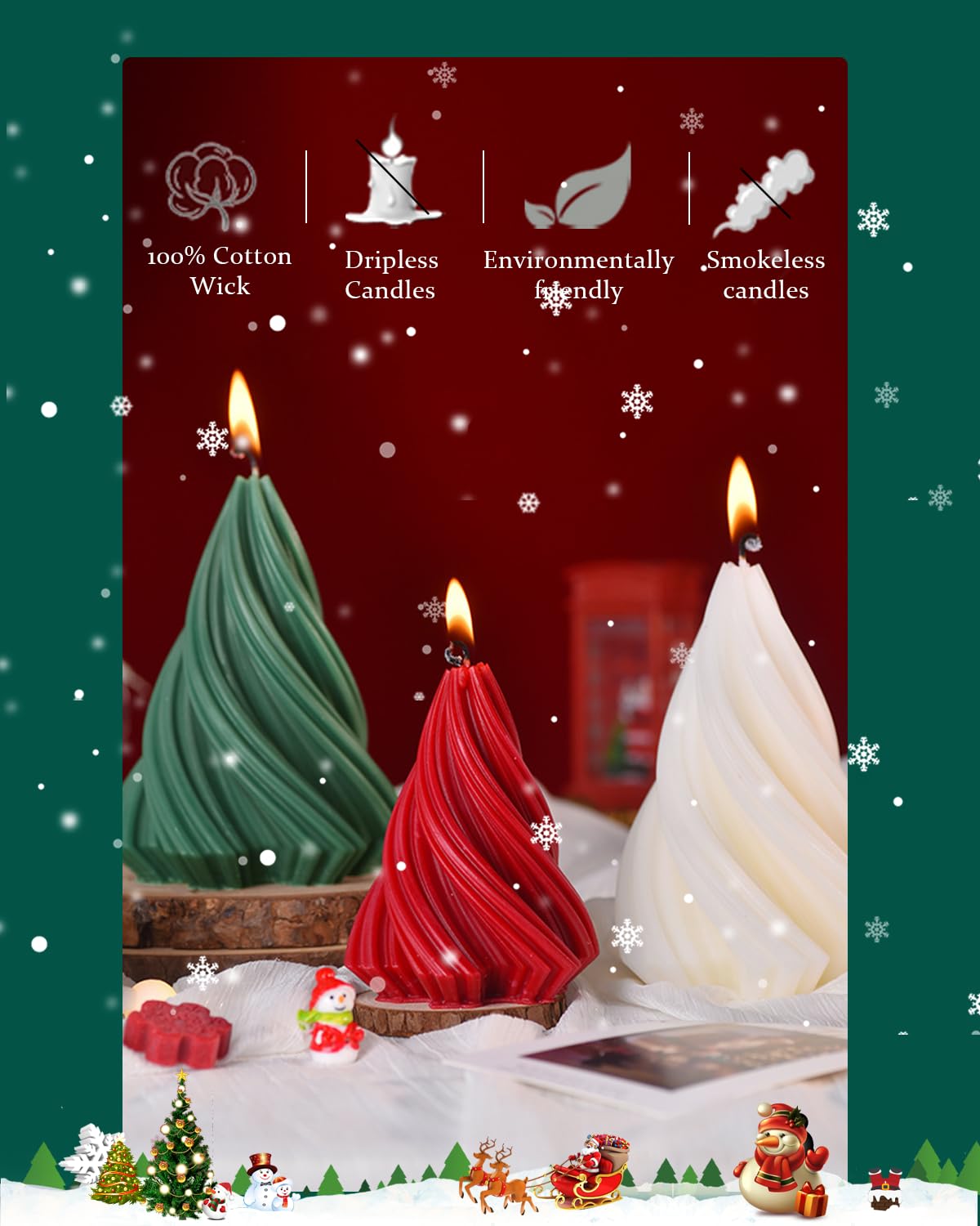 Christmas Tree Candle Spiral Pillar Candles Scented Soy Wax,Christmas Table Decor,Winter Centerpieces,Fireplace Mantel, Seasonal Home Decor，Set of 3,Green