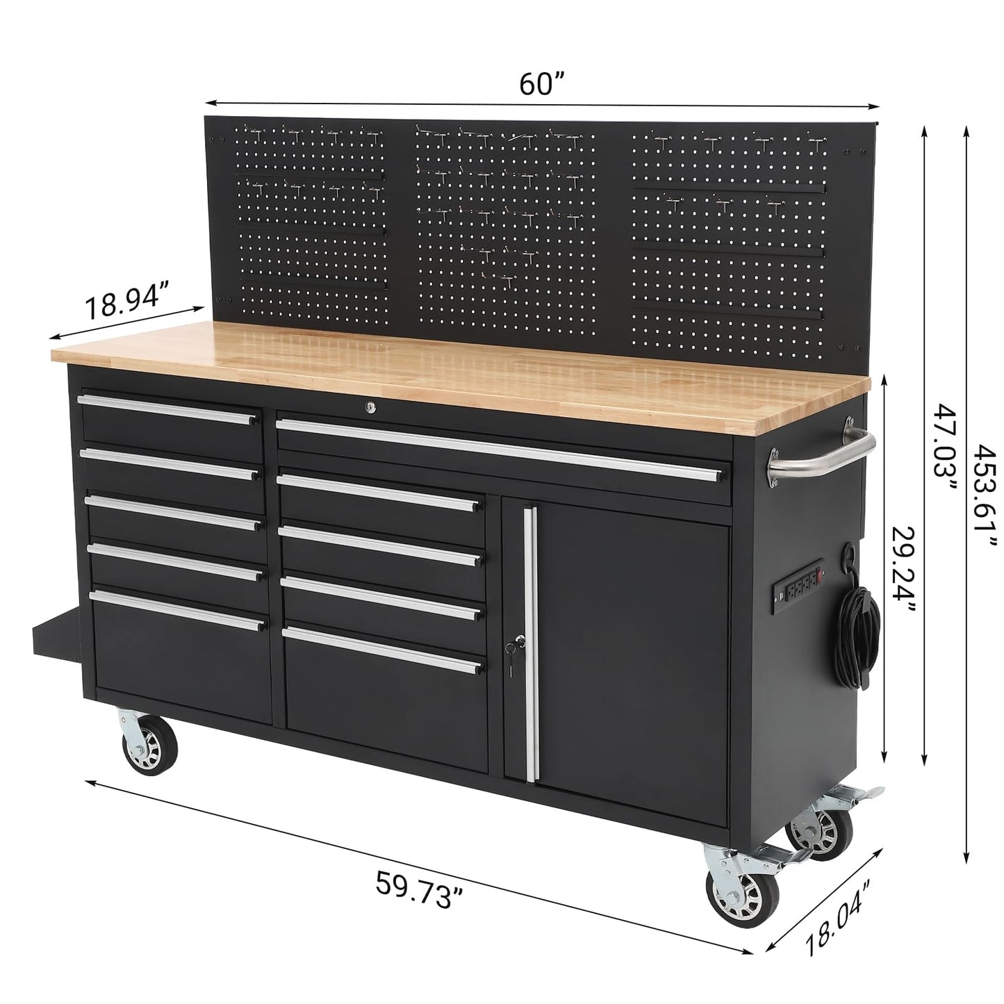 ActiveTrail 61" Tool Cabinet with Wheels, 10 Drawers Rolling Tool Chest, Heavy Duty Storage Workbench with Power Strip, Solid Rubber Wood Top, 1675 LBS Capacity, Mobile Tool Box for Garage, Shop