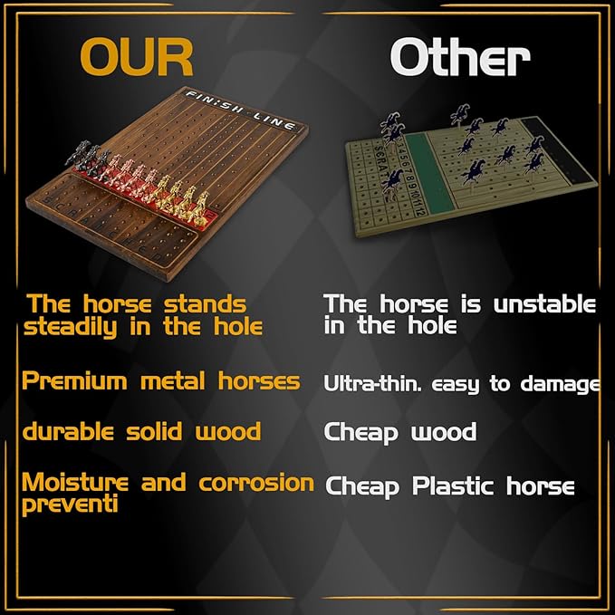 Horse Race Board Game Racing Game Thickened Solid Wood with 11 Luxurious Durable Classic Metal Horses with 2 Dice and 2 Boxes of Cards Horse Racing Game (Rustic Brown Rectangle)
