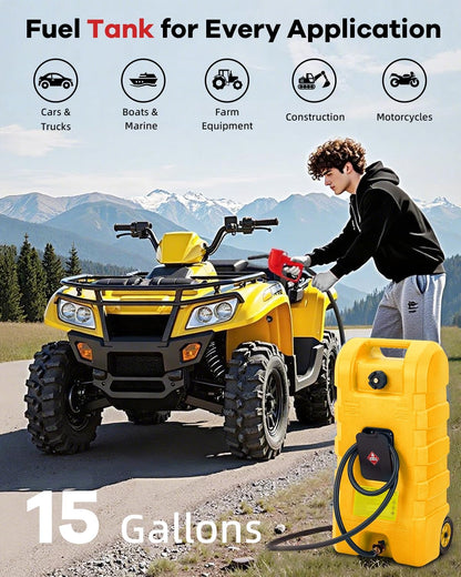 Garvee Heavy Duty 15 Gallon Gas Can Yellow, Fuel Caddy with Manual Fuel Transfer Pump, Portable Fuel Tank on Wheels with 10 ft Hose for Lawn Mowers, Cars, Boats, UTVs, Home and Farm Use