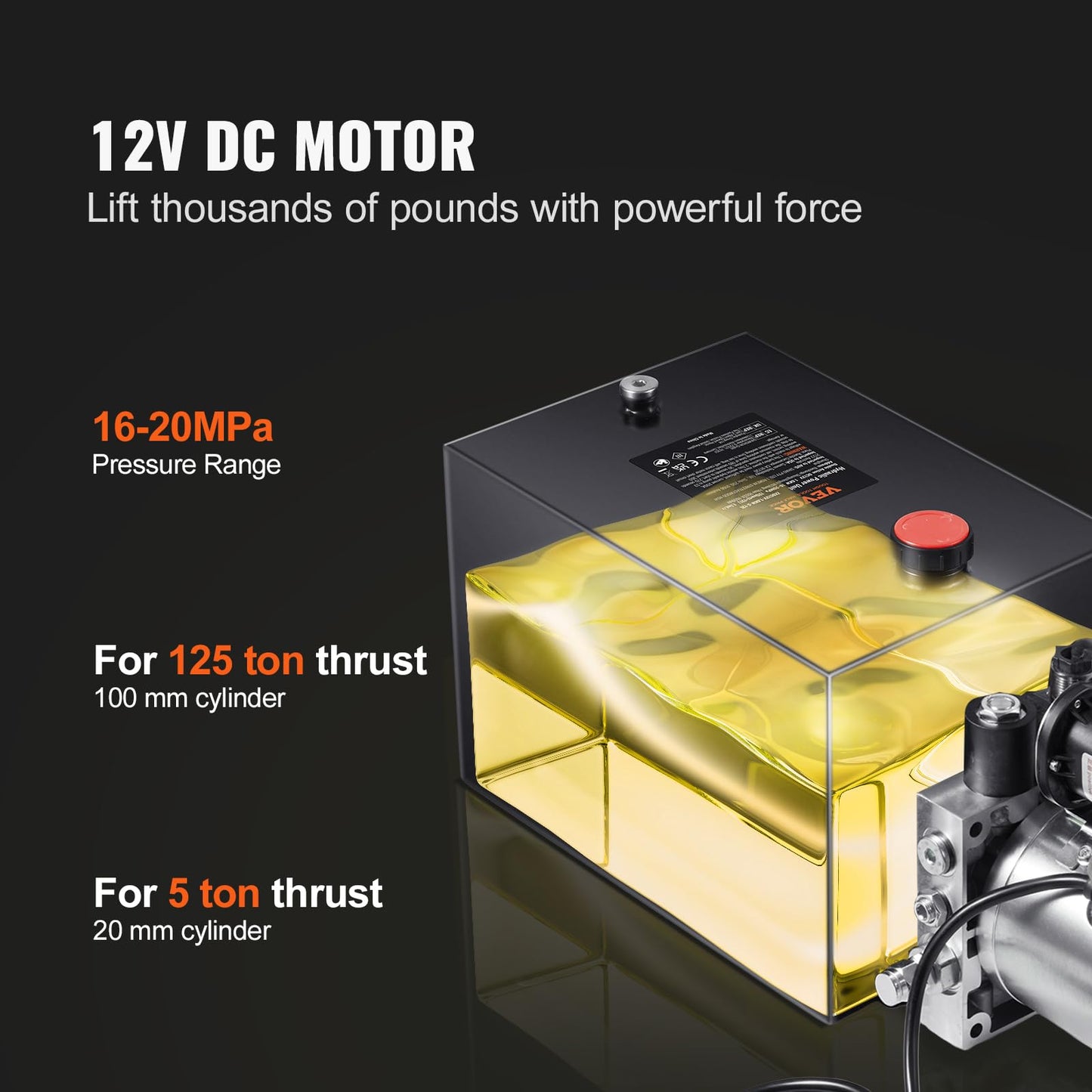 VEVOR Hydraulic Pump, 4 Quart Hydraulic Power Unit, Single Acting Dump Trailer Pump, 0.91 GPM Flow Rate, 3200 PSI Max Relief Pressure, DC 12V Hydraulic Pump for Dump Trailer Car Lifting